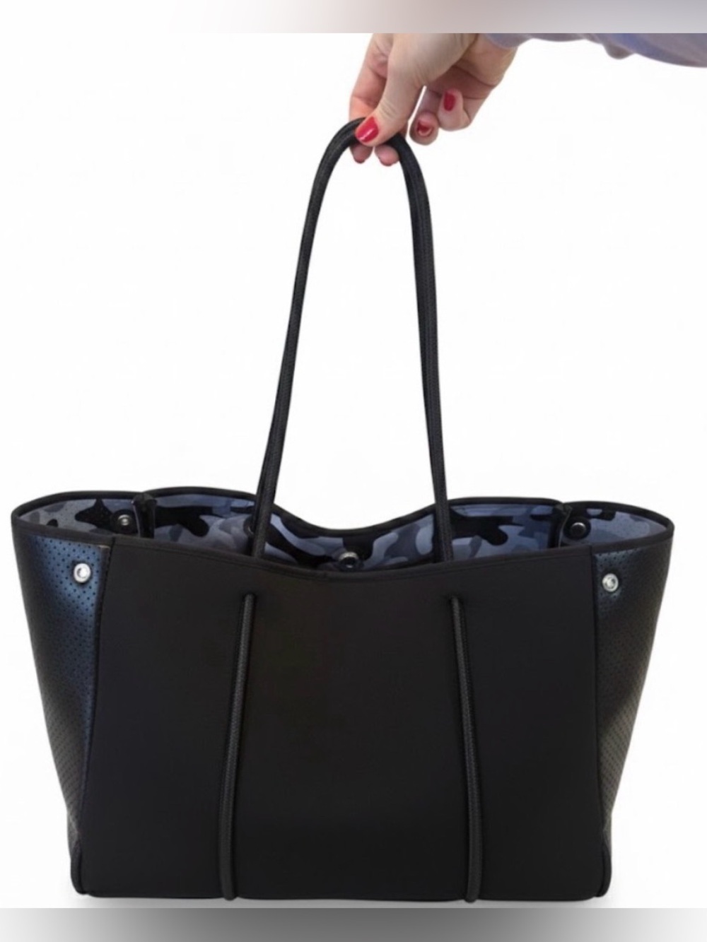 HAUTE SHORE Black Tote Bag with Camo Lining
